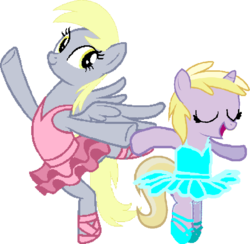 Size: 729x711 | Tagged: safe, artist:angrymetal, derpy hooves, dinky hooves, pegasus, pony, unicorn, g4, 1000 hours in ms paint, arms in the air, arms out, aunt and niece, ballerina, ballet, ballet dancing, ballet slippers, clothes, dancing, derperina, dinkerina, eyes closed, eyes open, female, mother and daughter, open mouth, pas de deux, simple background, smiling, standing on one leg, transparent background, tutu, tutus