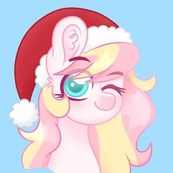 Size: 1520x1520 | Tagged: safe, artist:ninnydraws, oc, oc only, oc:ninny, pony, big ears, christmas, hat, holiday, looking at you, one eye closed, pastel, santa hat, solo, wink
