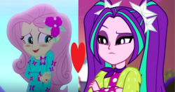 Size: 2062x1080 | Tagged: safe, edit, edited screencap, screencap, aria blaze, fluttershy, equestria girls, equestria girls series, g4, sunset's backstage pass!, the last drop: fluttershy, spoiler:choose your own ending (season 2), spoiler:eqg series (season 2), ariashy, female, lesbian, shipping, shipping domino