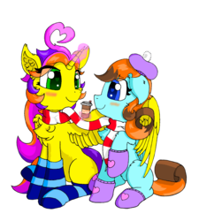 Size: 1080x1200 | Tagged: safe, artist:焰心fireworks, oc, oc only, oc:fireworks snow, oc:star orchid, alicorn, pegasus, pony, 2020 community collab, derpibooru community collaboration, alicorn oc, bundled up for winter, chest fluff, clothes, female, heart eyes, horn, looking at each other, scarf, shared clothing, shared scarf, simple background, socks, striped socks, transparent background, wingding eyes