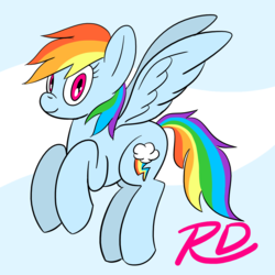 Size: 1116x1116 | Tagged: safe, artist:notadeliciouspotato, rainbow dash, pegasus, pony, g4, abstract background, female, flying, mare, smiling, solo, spread wings, wings