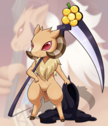 Size: 863x1000 | Tagged: safe, artist:vavacung, oc, goat, comic:chaos future, baphomet jr., barely pony related, comic, crossover, female, non-mlp oc, ragnarok online, reference, scythe