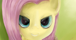Size: 1239x658 | Tagged: safe, artist:fly-gray, fluttershy, pony, g4, bedroom eyes, bust, close-up, female, grin, looking at you, palindrome get, portrait, scene interpretation, smiling, solo