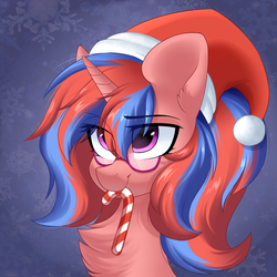 Size: 2000x2000 | Tagged: safe, artist:rinteen, oc, oc only, pony, unicorn, bust, candy, candy cane, chest fluff, christmas, eye clipping through hair, food, glasses, hat, high res, holiday, mouth hold, new year, santa hat, solo