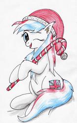 Size: 1898x3033 | Tagged: safe, artist:40kponyguy, oc, oc only, oc:britannia (uk ponycon), earth pony, pony, uk ponycon, candy, candy cane, christmas, cute, ear fluff, female, food, hat, holiday, hoof hold, looking at you, mare, one eye closed, simple background, solo, traditional art, white background