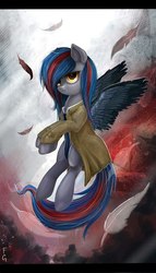 Size: 585x1024 | Tagged: safe, artist:fly-gray, oc, oc only, oc:shadowhoof, pegasus, pony, clothes, coat, feather, necktie, solo