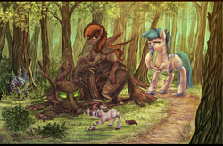 Size: 4522x2972 | Tagged: safe, artist:fly-gray, oc, oc only, pegasus, pony, timber wolf, zebra, female, filly, forest