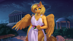 Size: 1920x1080 | Tagged: safe, artist:discordthege, artist:helemaranth, oc, oc only, oc:lightly breeze, pegasus, anthro, adorasexy, anthro oc, beautiful, beautisexy, chest fluff, cleavage fluff, clothes, cute, female, flower, flower in hair, gazebo, greek, greek clothes, mare, night, outdoors, parthenon, sexy, solo, toga
