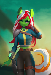 Size: 1535x2235 | Tagged: safe, artist:frieder1, oc, oc only, oc:wandering sunrise, earth pony, anthro, fallout equestria, fallout equestria: dead tree, :3, adorasexy, anthro oc, armor, belt, clothes, cute, elbow pads, eyelashes, fallout, female, green, jumpsuit, mare, midriff, one eye closed, pauldron, pipbuck, sexy, short shirt, stable-tec, thigh gap, vault suit, wandering sunrise, wink, ych result