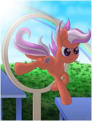 Size: 778x1027 | Tagged: safe, artist:php124, fiery fricket, pony, unicorn, g4, background pony, female, hoop, jumping, las pegasus resident, mare, rainbow, solo