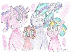 Size: 1057x756 | Tagged: safe, artist:ptitemouette, oc, oc:pink lady, oc:pomme rouge, oc:rose quartz, oc:violet soprano, pony, brother and sister, female, male, oc x oc, offspring, offspring shipping, offspring's offspring, parent:oc:bow tie, parent:oc:maestro doremi, parent:oc:pink lady, parent:oc:pomme de pin, parent:oc:sunny jewel, parent:oc:violet soprano, parents:oc x oc, shipping, siblings, traditional art