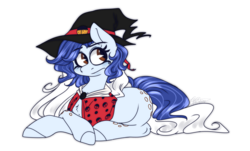 Size: 1749x1053 | Tagged: safe, artist:ggchristian, oc, oc only, oc:lady coccinelle, earth pony, pony, female, hat, mare, prone, simple background, solo, transparent background, witch hat