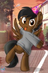 Size: 1167x1748 | Tagged: safe, artist:rainbow eevee, oc, oc only, oc:dashing thunder, pegasus, pony, clothes, cute, daaaaaaaaaaaw, dancing, ear fluff, evening, hat, jacket, looking at you, male, party hat, pegasus oc, solo, standing, standing on one leg, sunset, tongue out