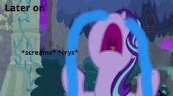 Size: 1062x595 | Tagged: safe, artist:gooeybird, edit, edited screencap, screencap, starlight glimmer, alicorn, pony, comic:the love birds, g4, student counsel, 1000 hours in ms paint, comic, crying, female, forest, hooves up, implied terramar, night, nose in the air, part 5, regret, ruins, screaming, solo, story included, upset