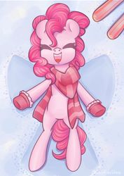Size: 1024x1445 | Tagged: safe, artist:wavecipher, pinkie pie, earth pony, pony, g4, clothes, cute, diapinkes, eyes closed, female, lying, mare, mittens, on back, open mouth, scarf, snow, snow angel, solo, winter, winter outfit
