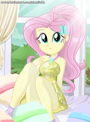 Size: 643x873 | Tagged: safe, artist:charliexe, fluttershy, equestria girls, adorasexy, beautiful, beautisexy, clothes, crepuscular rays, cute, digital art, dress, female, legs, schrödinger's pantsu, sexy, shyabetes, sitting, smiling, solo, thighs, updated, url