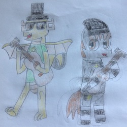 Size: 1488x1488 | Tagged: safe, artist:mr.myoozik, derpibooru exclusive, oc, oc only, oc:myoozik the dragon, oc:sunray shadow, dragon, acoustic guitar, bipedal, brown eyes, cap, clothes, cutie mark, cutie mark on clothes, dragon oc, glasses, guitar, happy, hat, jewelry, looking at each other, male, musical instrument, necklace, photo, playing, playing instrument, raised leg, shirt, singing, sketchbook, smiling, socks, spread wings, stallion, standing, striped socks, strumming, top hat, traditional art, wings
