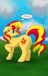 Size: 1250x2000 | Tagged: safe, artist:runningtoaster, sunset shimmer, pony, unicorn, g4, bunset shimmer, butt, cutie mark, disappointed, female, floppy ears, mare, plot, post-transformation, pouting, solo, thought bubble, transformation, transgender transformation