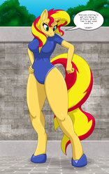 Size: 1250x2000 | Tagged: safe, artist:runningtoaster, sunset shimmer, unicorn, anthro, unguligrade anthro, g4, blue swimsuit, breasts, busty sunset shimmer, clothes, female, hoof shoes, implied transformation, pony to anthro, post-transformation, smiling, solo, swimsuit, transformation