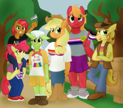 Size: 2481x2186 | Tagged: safe, artist:sixes&sevens, apple bloom, applejack, babs seed, big macintosh, braeburn, granny smith, earth pony, anthro, g4, agender, alternate hairstyle, apple bloom's bow, apple family, applejack's hat, asexual, asexual pride flag, boots, bow, braeburn's hat, brother and sister, clothes, cousins, cowboy boots, cowboy hat, family, family photo, female, fence, freckles, gay, gay pride flag, gender headcanon, genderfluid, genderfluid pride flag, genderqueer, genderqueer pride flag, granny smith's shawl, hair bow, hat, headcanon, high res, lesbian, lesbian pride flag, lgbt headcanon, male, nonbinary, outdoors, pansexual, pansexual pride flag, piggyback ride, pride, sexuality headcanon, shoes, siblings, tree