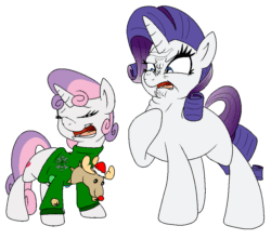 Size: 945x835 | Tagged: safe, artist:bennimarru, rarity, sweetie belle, deer, pony, reindeer, unicorn, g4, animated, bell, christmas, christmas lights, christmas sweater, clothes, colored, disgusted, female, flat colors, gif, holiday, siblings, simple background, sisters, sweater, transparent background, ugly sweater