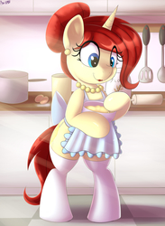 Size: 2790x3809 | Tagged: safe, artist:an-tonio, oc, oc only, oc:golden brooch, pony, unicorn, apron, baking, bipedal, bipedal leaning, clothes, cute, female, high res, housewife, jewelry, kitchen, leaning, lipstick, mare, mother, necklace, red lipstick, smiling, socks, solo