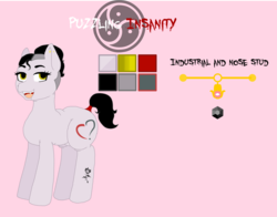 Size: 4136x3240 | Tagged: safe, artist:madamesaccharine, oc, oc only, oc:puzzling insanity, earth pony, pony, chubby, fangs, female, flower, industrial piercing, nose piercing, piercing, redesign, reference sheet, rose, simple background, solo, tail wrap, tattoo