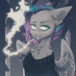 Size: 1987x2012 | Tagged: safe, artist:blue_raven, oc, oc only, oc:vapourwave, pegasus, pony, chest fluff, cigarette, clothes, female, floppy ears, looking at you, mare, mouth hold, raised eyebrow, smoke, smoking, solo, sweater, ych result
