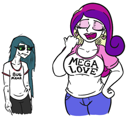 Size: 623x575 | Tagged: safe, artist:jargon scott, princess cadance, queen chrysalis, human, g4, breast envy, breasts, busty princess cadance, clothes, delicious flat chest, ear piercing, earring, eyes closed, female, humanized, implied breast envy, jewelry, mega milk, meme, piercing, sunglasses