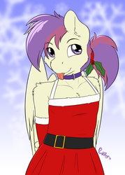 Size: 2000x2800 | Tagged: safe, artist:punk-pegasus, oc, oc only, oc:evensong, pegasus, anthro, anthro oc, belt, christmas, clothes, collar, costume, female, high res, holiday, holly, mare, ponytail, santa costume, solo, tongue out