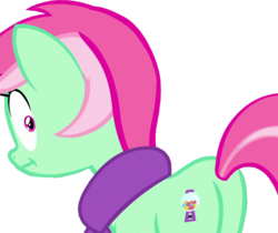 Size: 645x541 | Tagged: safe, edit, edited screencap, screencap, minty bubblegum, pony, unicorn, best gift ever, g4, :t, background removed, butt, clothes, female, funny face, not a vector, plot, scarf, simple background, solo, transparent background, winter outfit