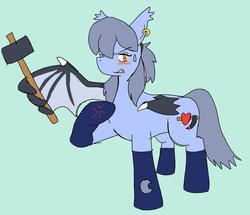 Size: 2048x1761 | Tagged: safe, artist:omegapony16, oc, oc:oriponi, bat pony, pony, bat pony oc, blushing, clothes, cross-popping veins, ear piercing, earring, female, hammer, jewelry, mare, one wing out, piercing, raised hoof, simple background, socks, sweatdrop, weapon, wing hands, wing hold, wings