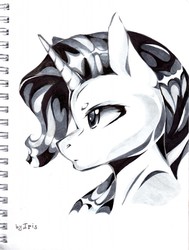 Size: 968x1280 | Tagged: safe, artist:iris-shadow, rarity, pony, g4, bust, female, marker drawing, monochrome, portrait, profile, signature, sketch, sketchbook, solo, traditional art
