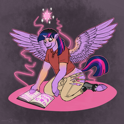 Size: 1500x1500 | Tagged: safe, artist:keetah-spacecat, twilight sparkle, alicorn, pony, g4, book, commission, cutie mark, female, human to pony, kneeling, magic, mare, solo, transformation, transgender transformation, twilight sparkle (alicorn), unshorn fetlocks