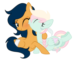 Size: 1398x1078 | Tagged: safe, artist:peachesandcreamated, oc, oc only, oc:farway, oc:river rose, pegasus, pony, bandage, female, kissing, lesbian, oc x oc, pegasus oc, prone, shipping, simple background, transparent background, wings