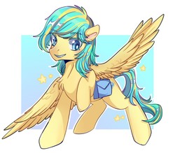 Size: 857x750 | Tagged: safe, artist:xuanmaru, oc, oc only, oc:lemonade candy, pegasus, pony, chest fluff, ear fluff, female, mare, raised hoof, saddle bag, solo, wings