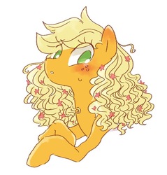 Size: 753x789 | Tagged: safe, artist:nota_mano, applejack, earth pony, pony, g4, alternate hairstyle, blushing, bust, cute, female, flower, flower in hair, jackabetes, portrait, simple background, solo, white background
