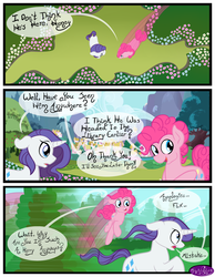 Size: 3500x4500 | Tagged: dead source, safe, artist:becauseimpink, pinkie pie, rarity, earth pony, pony, unicorn, comic:transition, g4, bubble berry, comic, dialogue, elusive, flower, motion blur, pronking, rule 63, running, transgender, tree