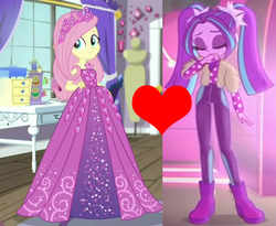 Size: 924x756 | Tagged: safe, edit, edited screencap, screencap, aria blaze, fluttershy, costume conundrum, costume conundrum: rarity, equestria girls, find the magic, g4, my little pony equestria girls: better together, my little pony equestria girls: choose your own ending, ariashy, clothes, dress, female, heart, lesbian, shipping, shipping domino