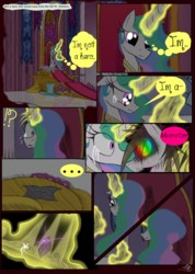 Size: 985x1385 | Tagged: safe, artist:didun850, princess celestia, oc, oc:chase, alicorn, earth pony, pony, comic:ask chase the pony, g4, ..., ask, comic, crying, dialogue, female, glowing horn, hair over one eye, horn, jewelry, magic, male, mare, possessed, sitting, stallion, telekinesis, throne, tiara, tumblr, wide eyes