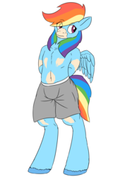 Size: 2480x3507 | Tagged: safe, artist:mcsplosion, rainbow dash, anthro, fanfic:five score divided by four, g4, arm behind back, boxers, clothes, fanfic art, female, high res, human to pony, patchy coat, solo, transformation, transgender transformation, underwear, unshorn fetlocks