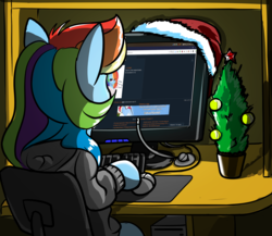 Size: 2300x2000 | Tagged: safe, artist:dacaoo, rainbow dash, pony, g4, 2ch, christmas, christmas tree, computer, computer mouse, hat, high res, holiday, new year, santa hat, solo, tree