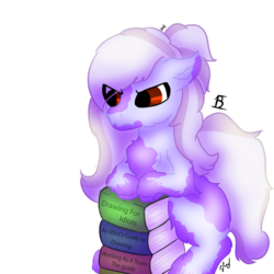 Size: 894x894 | Tagged: safe, artist:embroidered equations, artist:littlepony115, artist:poniesmine, oc, oc only, oc:aggie, earth pony, pony, annoyed, book, cute, female, fluffy, hair bun, leaning forward, mane, mare, one ear down, red eyes, shading, solo, splotches, squatting, tail