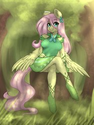 Size: 1536x2048 | Tagged: safe, artist:siripim111, fluttershy, pegasus, anthro, unguligrade anthro, g4, breasts, busty fluttershy, clothes, dress, female, forest, mare, shoes, sitting, solo, tree, tree stump