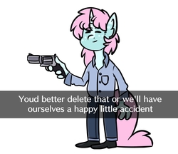 Size: 602x521 | Tagged: safe, artist:itsspoops, oc, oc only, oc:scoops, anthro, plantigrade anthro, bob ross, delet this, gun, handgun, hillary clinton, meme, revolver, solo, text, weapon