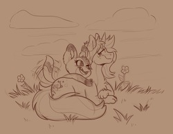 Size: 2732x2124 | Tagged: artist needed, safe, oc, oc only, oc:foxini, oc:scoops, pony, unicorn, cloud, cute, flower, grass, high res, hug, old design, tail wag