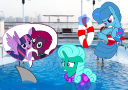 Size: 1533x1080 | Tagged: safe, artist:徐詩珮, fizzlepop berrytwist, glitter drops, spring rain, tempest shadow, twilight sparkle, alicorn, pony, shark, unicorn, series:sprglitemplight diary, series:sprglitemplight life jacket days, series:springshadowdrops diary, series:springshadowdrops life jacket days, g4, alternate universe, angry, base used, bisexual, broken horn, clothes, cute, equestria girls outfit, female, glitterbetes, happy, horn, lesbian, lifeguard, lifeguard spring rain, polyamory, prank, ship:glitterlight, ship:glittershadow, ship:sprglitemplight, ship:springdrops, ship:springlight, ship:springshadow, ship:springshadowdrops, ship:tempestlight, shipping, springbetes, swimsuit, tempestbetes, twiabetes, twilight sparkle (alicorn)