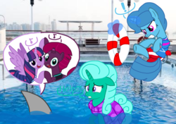 Size: 1533x1080 | Tagged: safe, artist:徐詩珮, fizzlepop berrytwist, glitter drops, spring rain, tempest shadow, twilight sparkle, alicorn, pony, shark, unicorn, series:sprglitemplight diary, series:sprglitemplight life jacket days, series:springshadowdrops diary, series:springshadowdrops life jacket days, g4, alternate universe, angry, base used, bisexual, broken horn, clothes, cute, dialogue, equestria girls outfit, female, glitterbetes, happy, horn, lesbian, lifeguard, lifeguard spring rain, polyamory, prank, ship:glitterlight, ship:glittershadow, ship:sprglitemplight, ship:springdrops, ship:springlight, ship:springshadow, ship:springshadowdrops, ship:tempestlight, shipping, singing, springbetes, swimsuit, tempestbetes, twiabetes, twilight sparkle (alicorn)