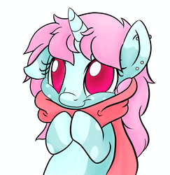 Size: 3580x3680 | Tagged: artist needed, safe, oc, oc only, oc:scoops, pony, unicorn, clothes, cute, ear piercing, floppy ears, high res, horn, no pupils, ocbetes, piercing, scarf, simple background, solo, unicorn oc, white background