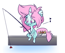 Size: 634x519 | Tagged: safe, artist:kez, oc, oc only, oc:scoops, pony, unicorn, chips, fishing, fishing rod, food, horn, music notes, simple background, solo, transparent background, unicorn oc